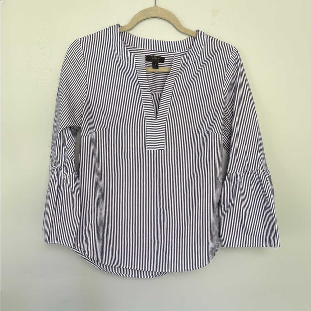 J. Crew White and Gray Smocked 3/4 Sleeve Blouse